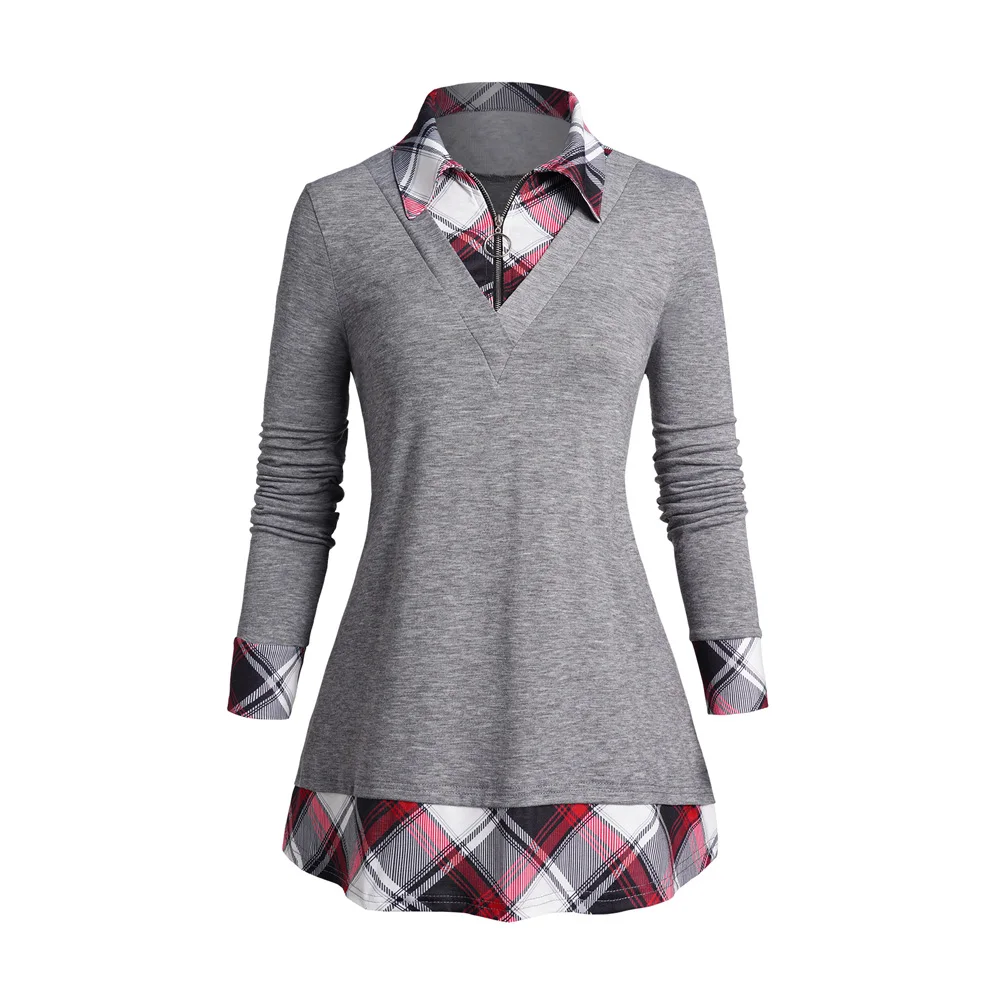 

Fashion 2023 Autumn New Heathered Contrast Trim Half Zip Top Check Print Turn Down Collar Casual Top Back To School