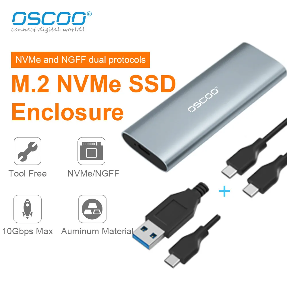 

OSCOO SSD M.2 NVMe Enclosure Adapter Aluminum 10 Gbps USB C 3.1 Gen 2 to NVMe PCIe M-Key Solid State Drive External Enclosure