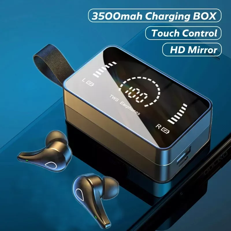

TWS Wireless Bluetooth Headphones HD Mirror Screen LED Display Earphones 9D HIFI Stereo Earbud Headset with 3500mAh Charging Box
