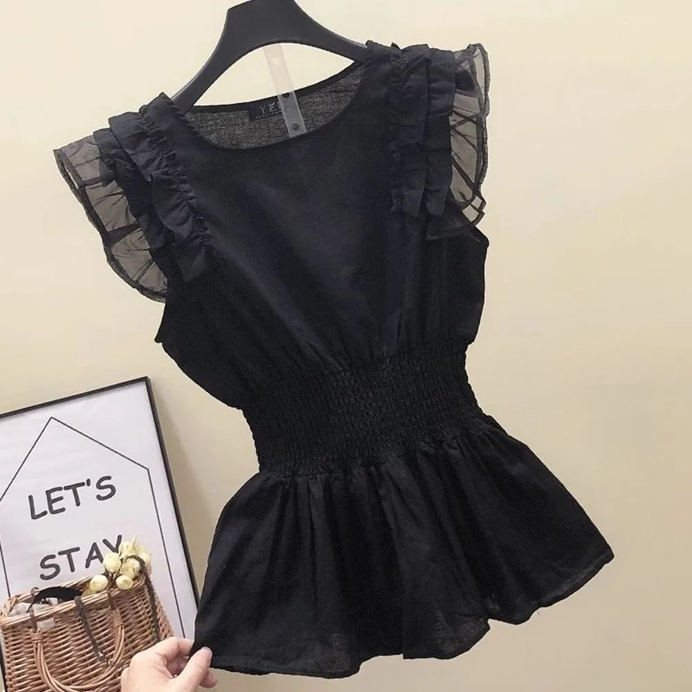 Black Slim Ruffles Blouse Women Summer Elastic Tunic Mesh Patchwork Shirt Fashion Simple Sweet Kawaii Tops Korean Japanese Style
Black Slim Ruffles Blouse Women Summer Elastic Tunic Mesh Patchwork Shirt Fashion Simple Sweet Kawaii Tops Korean Japanese Style