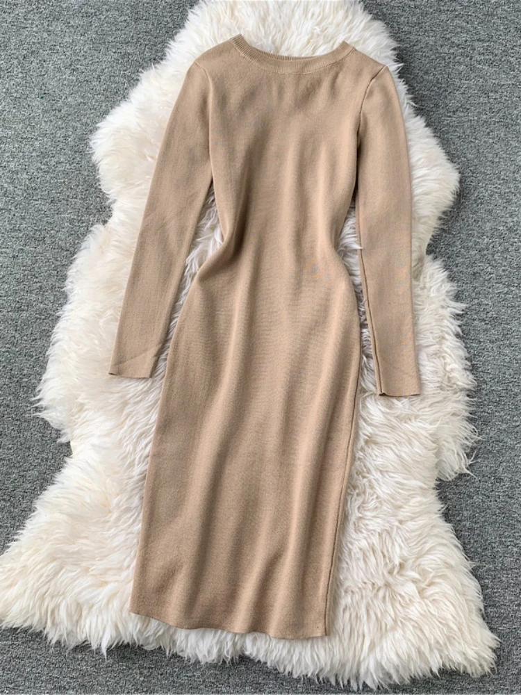 Hikigawa Chic Fashion Woman Dress Solid O Neck Long Sleeve Slimming Knitted Maxi DressesFor Women Vintage Elegant Vestidos Mujer
Hikigawa Chic Fashion Woman Dress Solid O Neck Long Sleeve Slimming Knitted Maxi DressesFor Women Vintage Elegant Vestidos Mujer