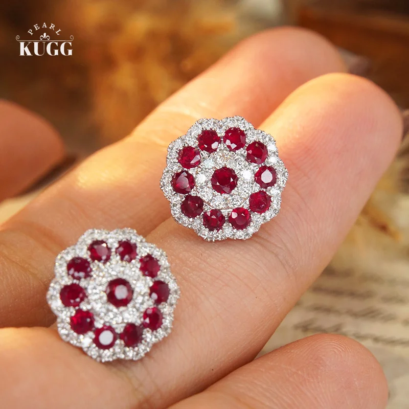 

KUGG 18K White Gold Earrings Real Natural Ruby Luxury Gemstone Romantic Snowflake Shape Stud Earrings for Women Diamond Jewelry