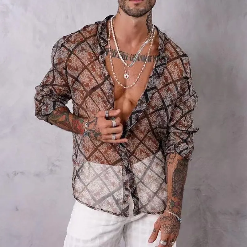 

Летняя прозрачная сетчатая Мужская Просвечивающая Сексуальная рубашка, популярная повседневная женская блуза, Мужская крутая стильная одежда