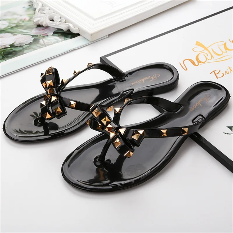 

Hot 2023 Fashion Woman Flip Flops Summer Shoes Cool Beach Rivets Big Bow Flat Sandals Brand Jelly Shoes Sandals Girls Size 36-41