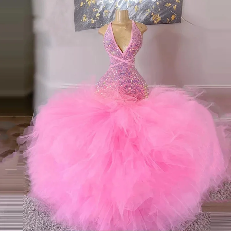 Extra Puffy Pink Sequin Mermaid Prom Dresses Halter Bandage For Homecoming Dress Tulle Ruffles Fluffy Girls Evening Dressing
Extra Puffy Pink Sequin Mermaid Prom Dresses Halter Bandage For Homecoming Dress Tulle Ruffles Fluffy Girls Evening Dressing