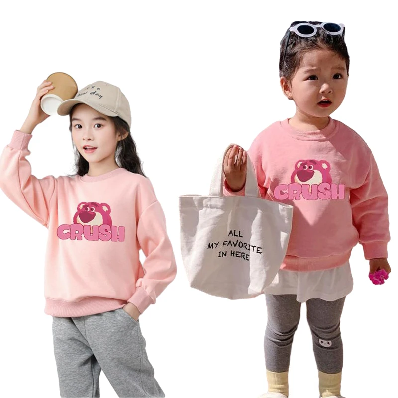 

Новинка, Детский плюшевый пуловер Lotso для осени и зимы, милый розовый и белый модный универсальный Повседневный Топ с длинным рукавом и клубничным медведем для девочек