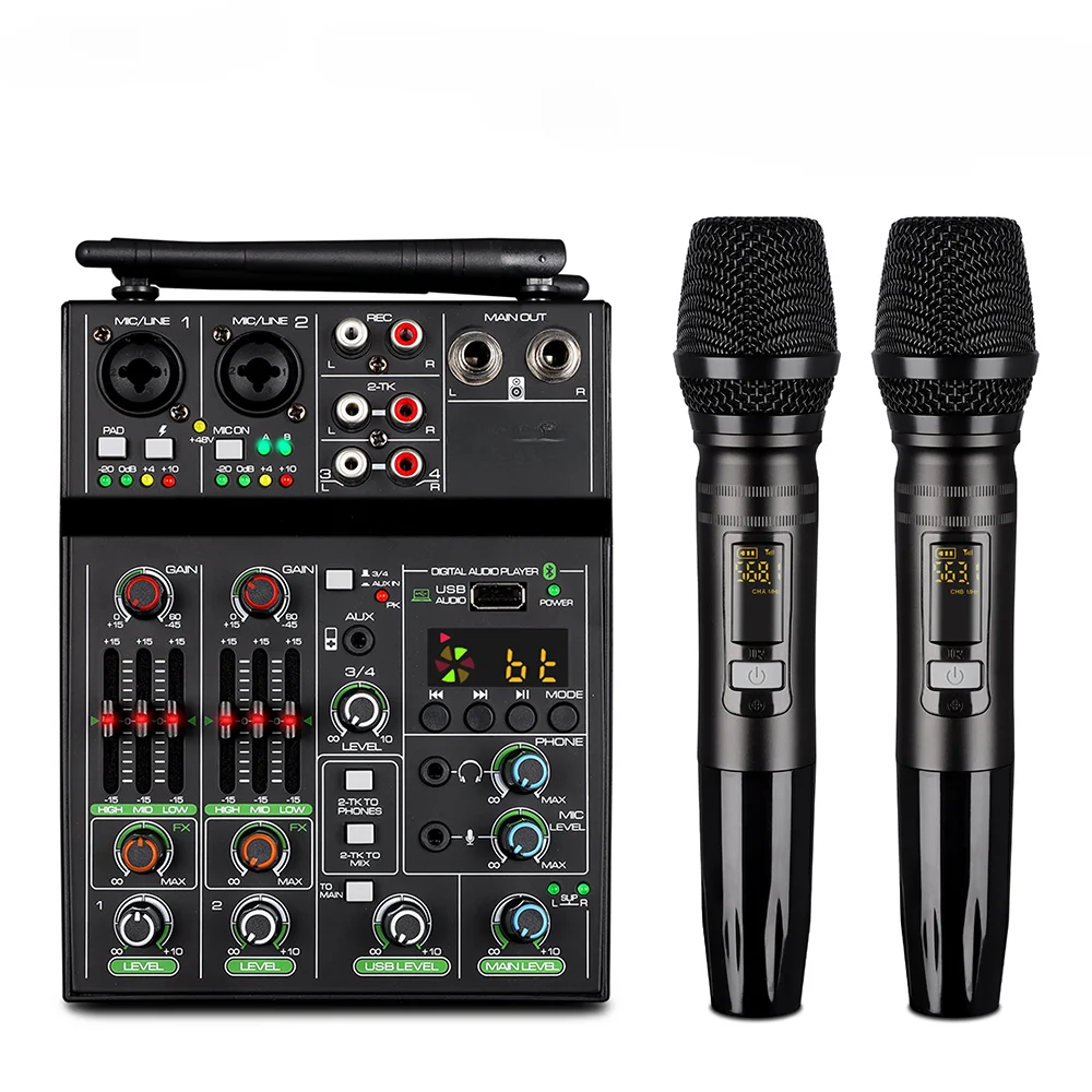 USB 4-channel with Bluetooth Mini Mixer UHF Wireless Microphone for PC Recording and Mixing DJ Console,
USB 4-channel with Bluetooth Mini Mixer UHF Wireless Microphone for PC Recording and Mixing DJ Console,