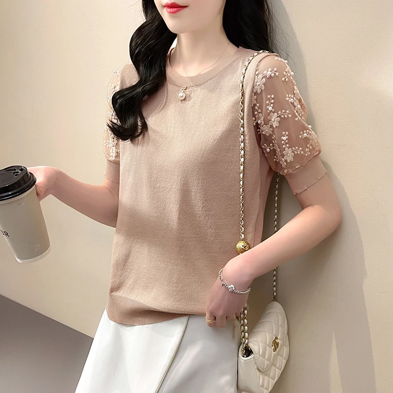 2023 Summer Pearl Beading Ice Silk Knitted T-shirt Women's Lace Short Sleeve O-Neck T Shirts Korean Fashion Knitwear Tops Tees
2023 Summer Pearl Beading Ice Silk Knitted T-shirt Women's Lace Short Sleeve O-Neck T Shirts Korean Fashion Knitwear Tops Tees