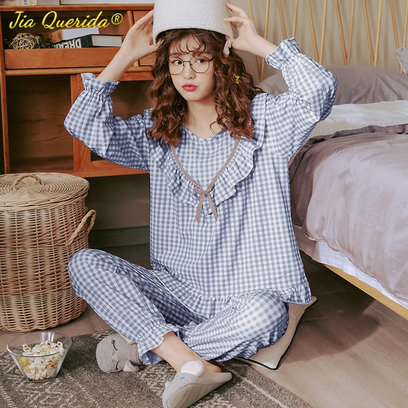 New Casual Sleepwear Soft Cotton Women Pajamas Blue Princess Style Pajama Set Plaid Pijamas Autumn Winter Women's Homesuits
New Casual Sleepwear Soft Cotton Women Pajamas Blue Princess Style Pajama Set Plaid Pijamas Autumn Winter Women's Homesuits