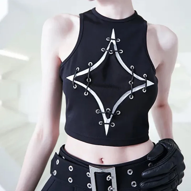 Summer Women Short Black Sexy Tank Top New 3D Star Round Neck Slim Fit Sleeveless Short T-shirt Tank Top Gothic Women Clothing 
Summer Women Short Black Sexy Tank Top New 3D Star Round Neck Slim Fit Sleeveless Short T-shirt Tank Top Gothic Women Clothing