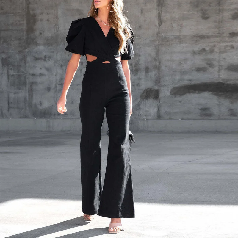 Fashion High Street Puff Sleeve Women Jumpsuit Office Lady Casual Denim Rompers Sexy V-neck Hollow Cross Flare Pants Playsuits
Fashion High Street Puff Sleeve Women Jumpsuit Office Lady Casual Denim Rompers Sexy V-neck Hollow Cross Flare Pants Playsuits