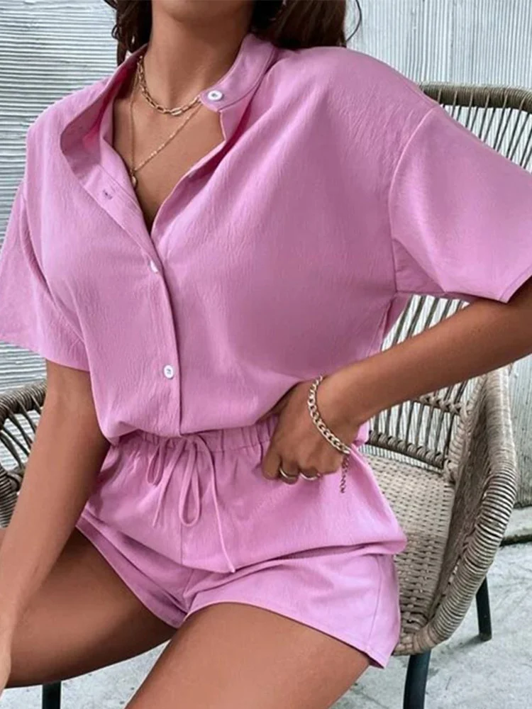 Women Casual Solid Loose Blouse And Straight Shorts Suits Female Lapel Short Sleeve Top Shirts And Shorts Commuter Suits
Women Casual Solid Loose Blouse And Straight Shorts Suits Female Lapel Short Sleeve Top Shirts And Shorts Commuter Suits