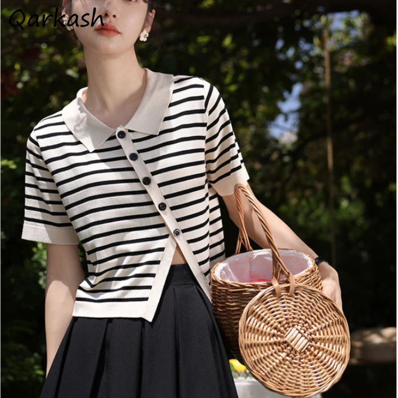 Knitted Striped T-shirts Women Irregular Button Design New Arrival Elegant Sweet Females College Korean Style Prevalent Summer
Knitted Striped T-shirts Women Irregular Button Design New Arrival Elegant Sweet Females College Korean Style Prevalent Summer