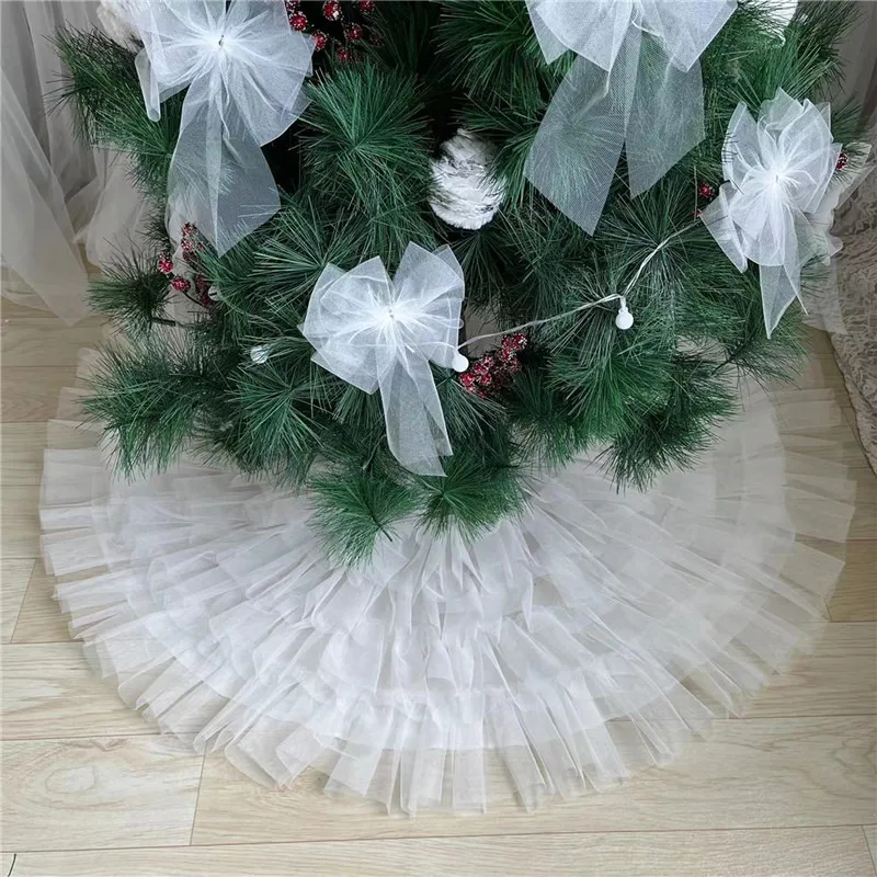 

78/90/122cm Christmas Tree Skirt White Mesh Carpet Snowflake Colorful Pompon Mat For Home Xmas Tree New Year Decor Apron