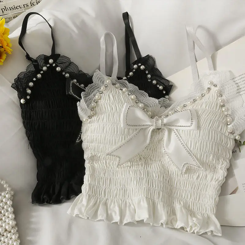 Summer Tank Tops Beading Bow Camisole Women's Sleeveless Pleated Mesh Stitching White Tube Top Woman Sweet Elegant Underwear
Summer Tank Tops Beading Bow Camisole Women's Sleeveless Pleated Mesh Stitching White Tube Top Woman Sweet Elegant Underwear