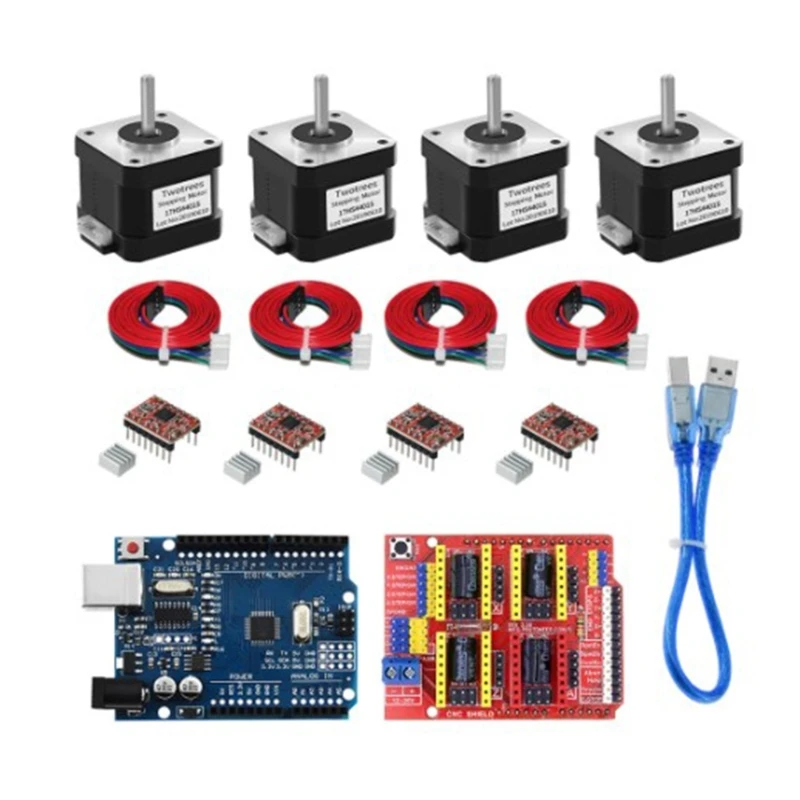 Плата CNC-Shield V3 + UNOR3 + Драйвер шагового двигателя 4x A4988 + шаговый двигатель Nema17 17HS4401S для 3D-принтера
Плата CNC-Shield V3 + UNOR3 + Драйвер шагового двигателя 4x A4988 + шаговый двигатель Nema17 17HS4401S для 3D-принтера
