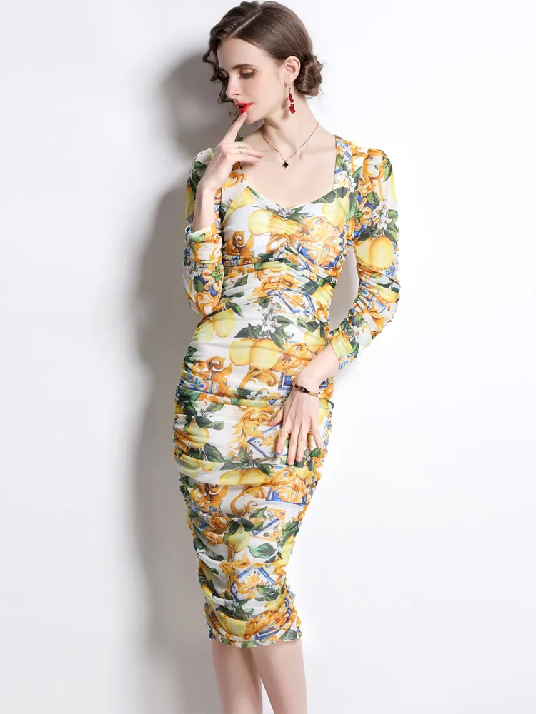 Женское платье с пышными рукавами, платье с высокой талией и длинным рукавом, с квадратным вырезом и милым принтом, весна-осень 2022, B60 
Женское платье с пышными рукавами, платье с высокой талией и длинным рукавом, с квадратным вырезом и милым принтом, весна-осень 2022, B60