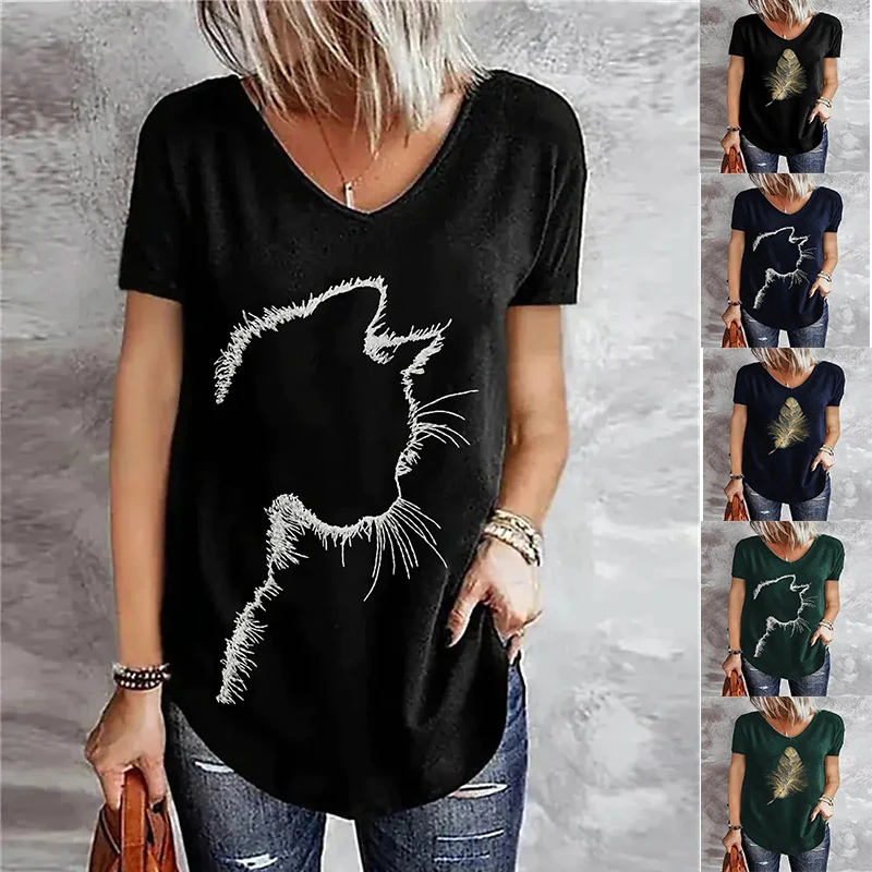 Women's T-Shirts Cat Feather Print Tops Animal Themed 3D Printing T-Shirts Women V-Neck Fashion Casual Plus Size Tops 2022
Women's T-Shirts Cat Feather Print Tops Animal Themed 3D Printing T-Shirts Women V-Neck Fashion Casual Plus Size Tops 2022