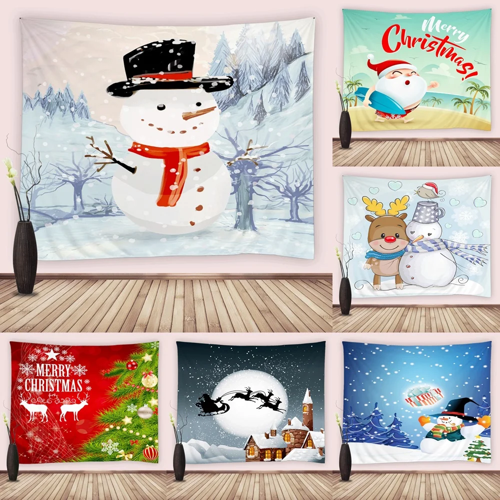 

Christmas Snowman Tapestry Xmas Tree Winter Snowflake Santa Claus Reindeer Wall Hanging Tapestries for Bedroom Living Room Decor