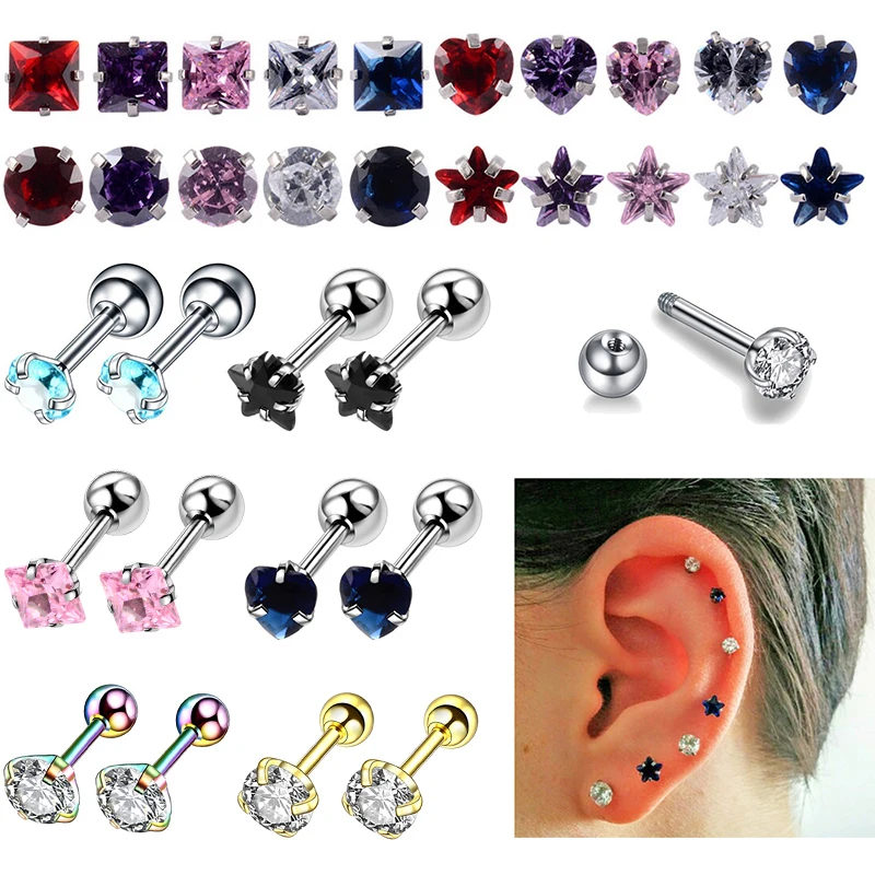 

2pcs 4mm Surgical Steel Shiny Zircon Studs Earrings For Women /Girls Screw Ball Tragus Cartilage Piercing Jewelry