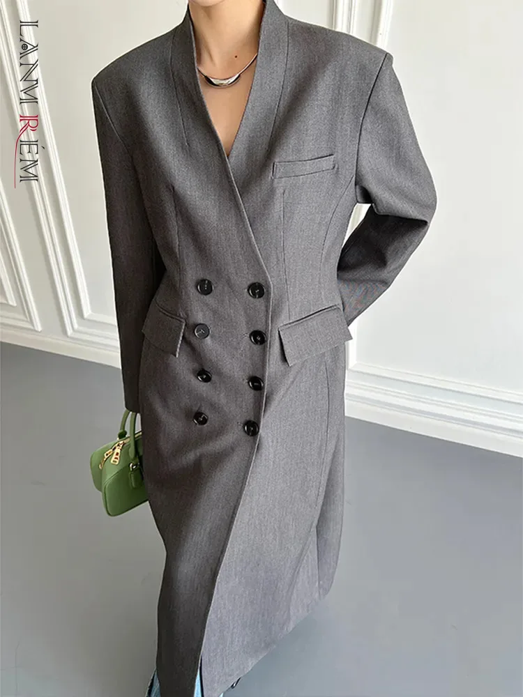 

[LANMREM] High End Double Breasted Trench For Women V Neck Temperament Office Lady Long Windbreak 2023 Autumn New 26D6548
