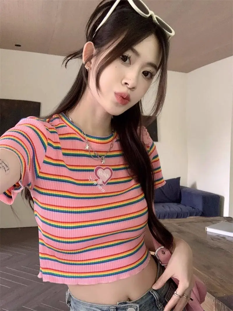 Summer Cotton Knitted T-shirt Korean Fashion Rainbow Pink Striped Crop Top Slim Fit Tshirt Harajuku Short Sleeve Female Clothes
Summer Cotton Knitted T-shirt Korean Fashion Rainbow Pink Striped Crop Top Slim Fit Tshirt Harajuku Short Sleeve Female Clothes