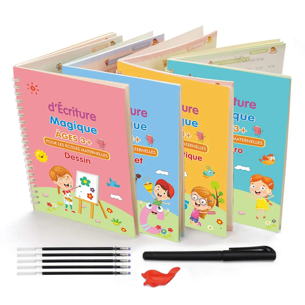 French Children's Book 4Pcs Magic Practice Magic Copybook for Kids Before School Math Alphabet Drawing Reusable Calligraphy Book
French Children's Book 4Pcs Magic Practice Magic Copybook for Kids Before School Math Alphabet Drawing Reusable Calligraphy Book