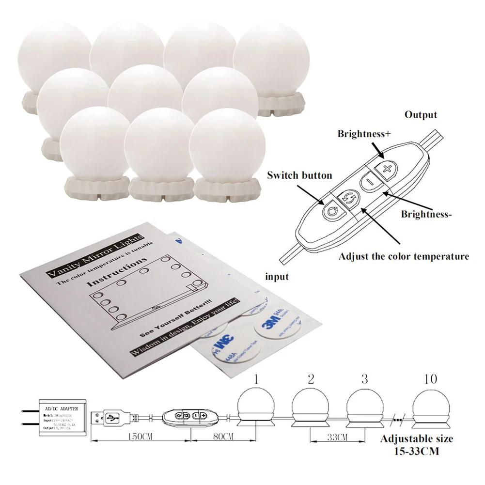 

Makeup Mirror Vanity LED Light Bulb Adjustable Brightness Bulbs Kit USB Charging Port Cosmetic