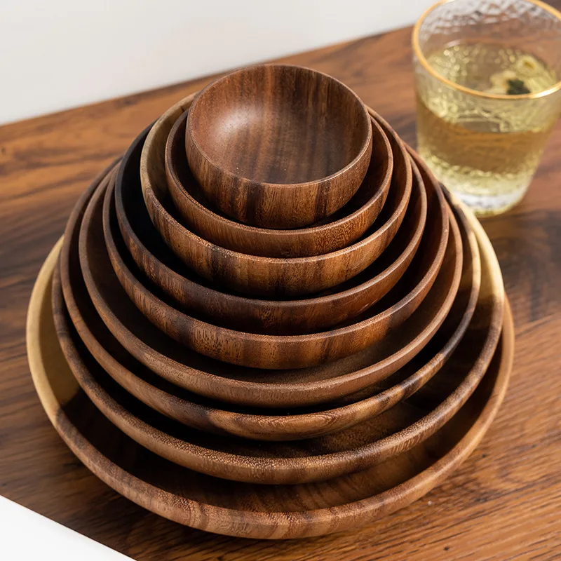 

Круглая тарелка из дерева акации, набор цельных деревянных тарелок для фруктов, деревянное блюдо, поднос для чая, тарелка для завтрака, безопасная посуда