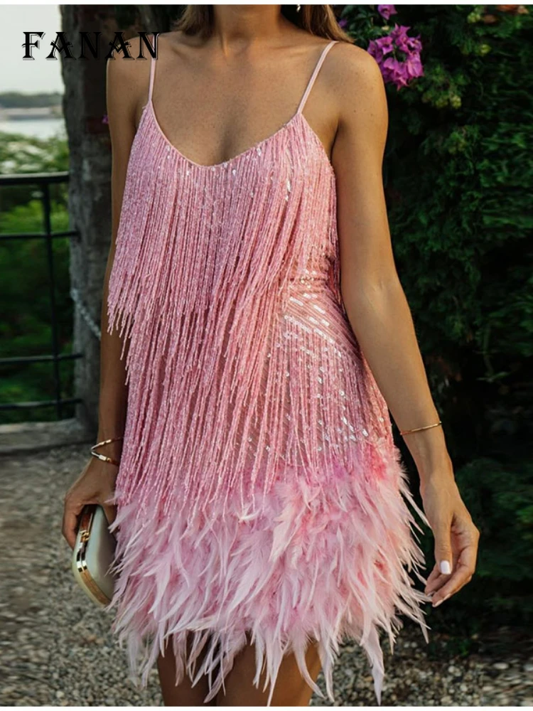 Sequins Tassel Feather Spaghetti Strap Dress Women Fashion Sexy Stitching Mini Dresses Ladies Evening Party Club Elegant Dress
Sequins Tassel Feather Spaghetti Strap Dress Women Fashion Sexy Stitching Mini Dresses Ladies Evening Party Club Elegant Dress