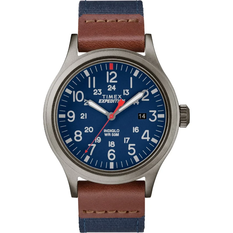 

Timex Men's Expedition Scout 40mm Watch – Gray Case Blue Dial with Blue & Brown Fabric & Leather Strap