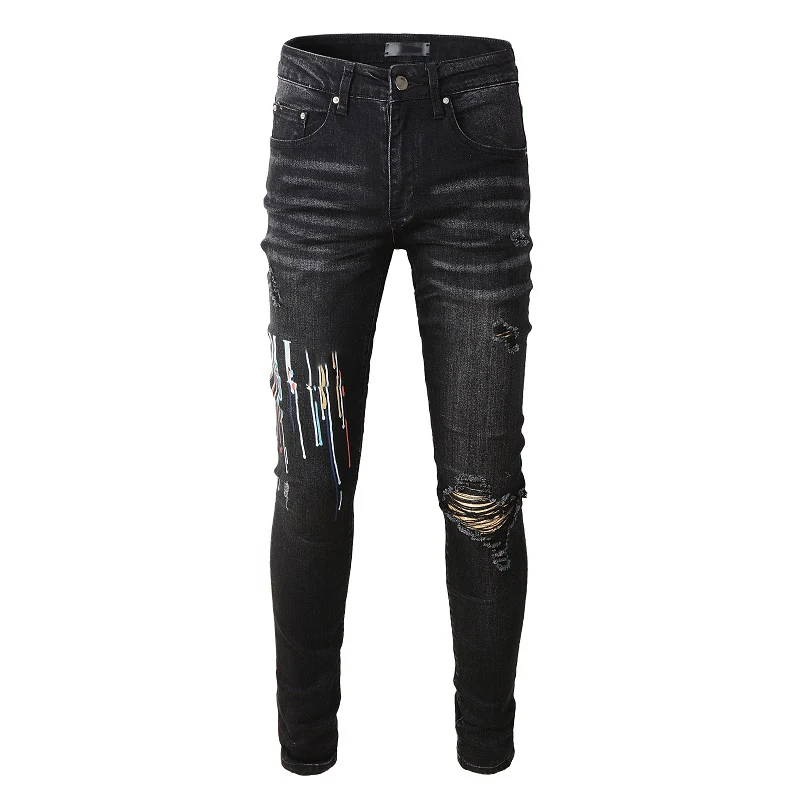 AM Men's Quality Distressed Black Streetwear Fashion Style Slim Printing Letters Pattern Daged Hole Skinny Stretch Ripped Jeans
AM Men's Quality Distressed Black Streetwear Fashion Style Slim Printing Letters Pattern Daged Hole Skinny Stretch Ripped Jeans