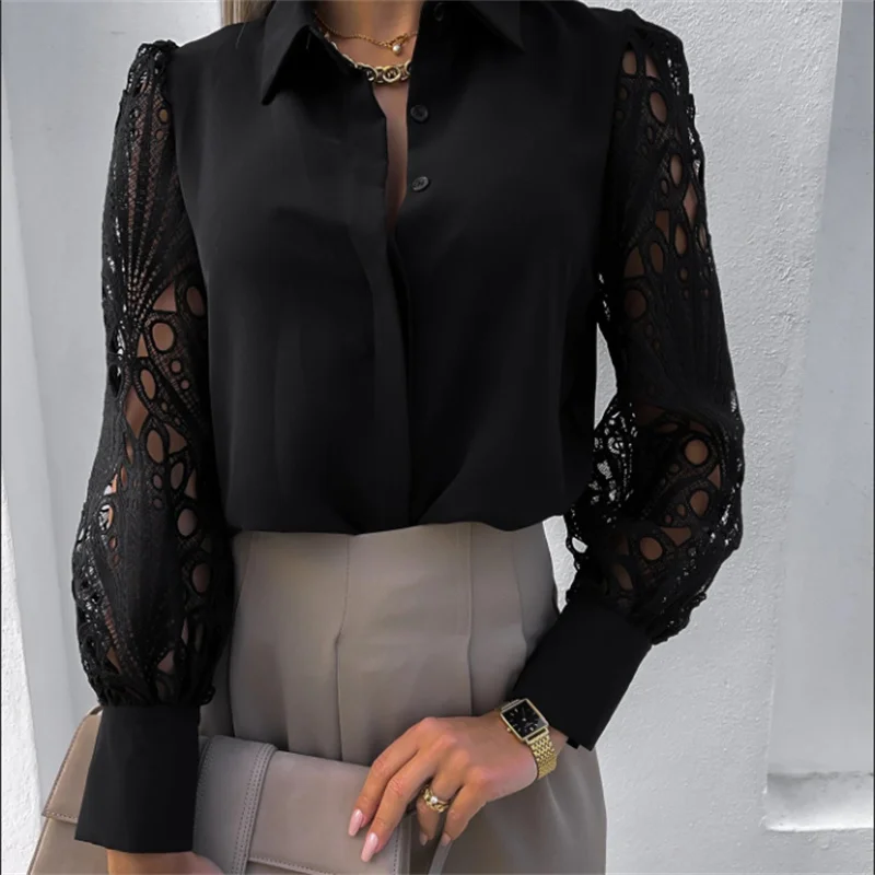 Women Fashion Solid Color Lace Stitching Lapel Button Loose Tops Spring Autumn Casual Long Sleeve Shirt Black/White
Women Fashion Solid Color Lace Stitching Lapel Button Loose Tops Spring Autumn Casual Long Sleeve Shirt Black/White
