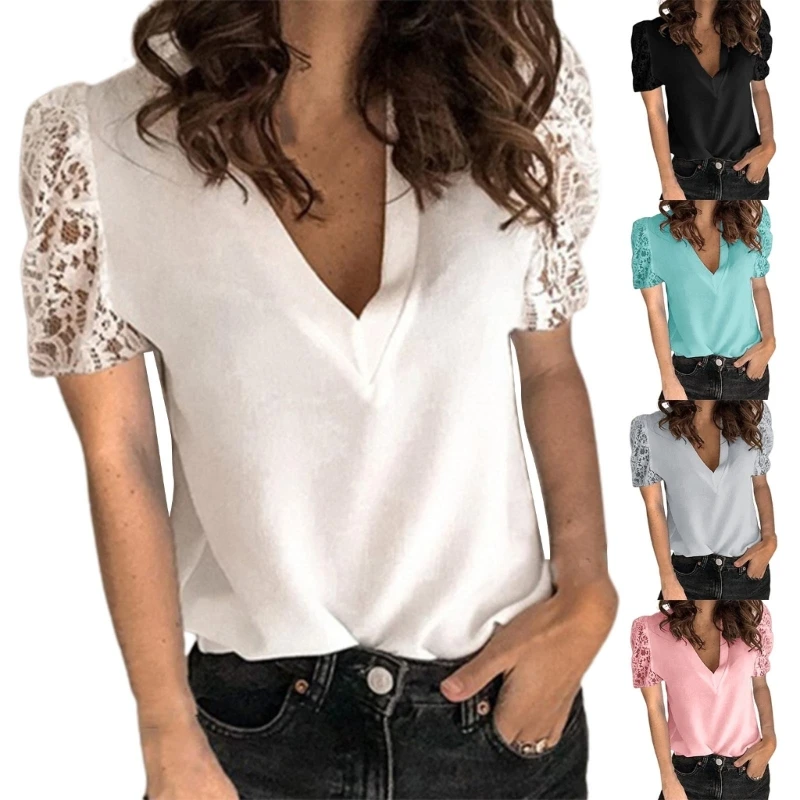 Women Solid Color Casual Slim-Fitted V-Neck Shirts Elegant Contrast Floral Lace Long Sleeve Blouses Pullover Tunic Top
Women Solid Color Casual Slim-Fitted V-Neck Shirts Elegant Contrast Floral Lace Long Sleeve Blouses Pullover Tunic Top