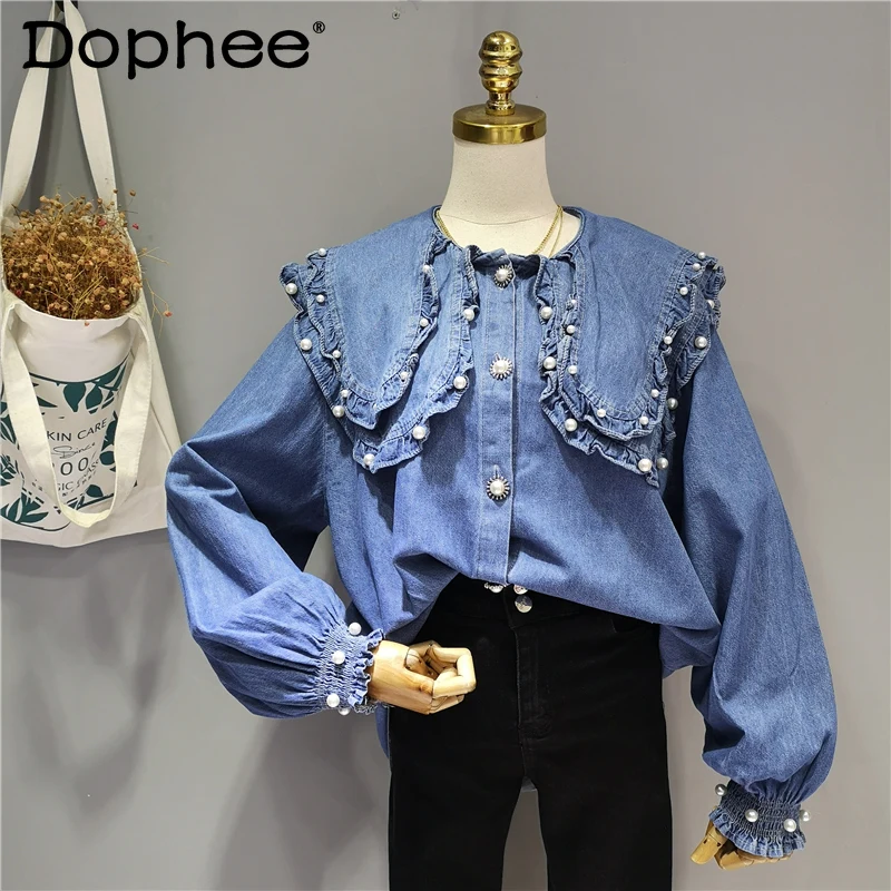 Korean Style Pearl Doll Collar Bubble Long Sleeve Loose Denim Shirt Women Mid-Length Blue Blouse 2022 Spring Autumn New Camisas
Korean Style Pearl Doll Collar Bubble Long Sleeve Loose Denim Shirt Women Mid-Length Blue Blouse 2022 Spring Autumn New Camisas