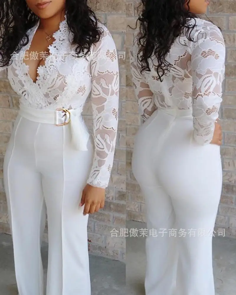 Crochet Lace Plunge Long Sleeve Jumpsuit Bodysuit V Neck Sequined Lace Up Slim Solid Color Sexy Summer Women
Crochet Lace Plunge Long Sleeve Jumpsuit Bodysuit V Neck Sequined Lace Up Slim Solid Color Sexy Summer Women