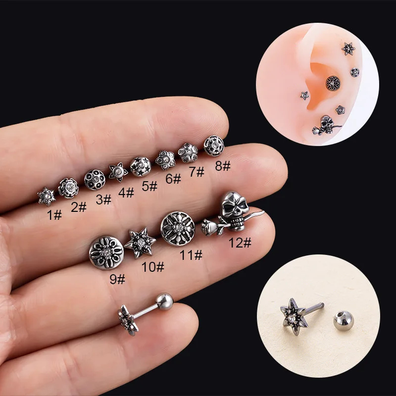 

1PC 16G Vintage Pure Surgical Steel CZ Stud Earrings Flower Skeleton 16G Cartilage Stud Earring Tragus Helix Piercing Jewelry