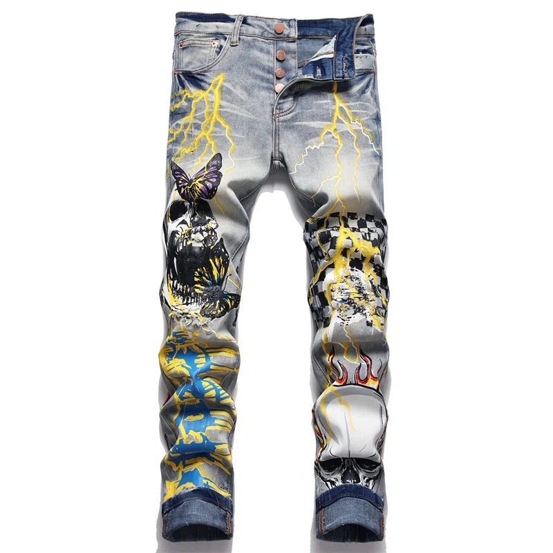 Men Skull Flame Print Jeans Streetwear Butterfly Plaid Painted Stretch Denim Pants Button Fly Holes Ripped Distressed Trousers
Men Skull Flame Print Jeans Streetwear Butterfly Plaid Painted Stretch Denim Pants Button Fly Holes Ripped Distressed Trousers