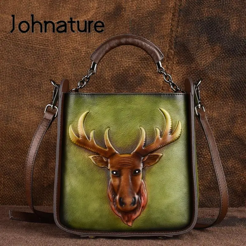 

Johnature 2022 New Genuine Leather Bag Retro Embossing Women Handbag Animal Prints Real Cowhide Shoulder & Crossbody Bags