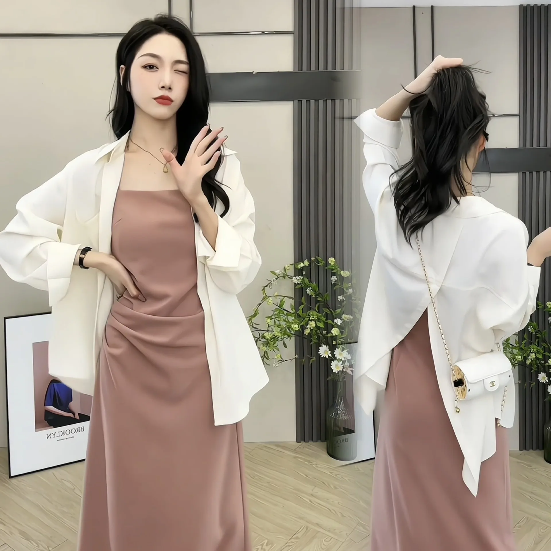 Spring and Autumn Fashion Women's French Eustoma Long Sleeve Shirt Sleeveless Dress Elegant Long Suspender Skirt Two Piece Set
Spring and Autumn Fashion Women's French Eustoma Long Sleeve Shirt Sleeveless Dress Elegant Long Suspender Skirt Two Piece Set