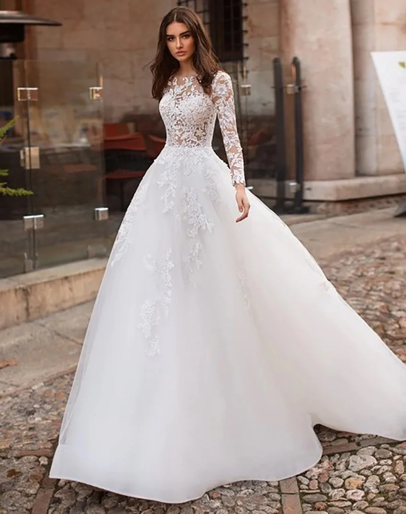 

Attractive Tulle Jewel Neckline See-through Bodice A-line Wedding Dress With Lace Appliques & Beadings Long Sleeves Bridal Grown