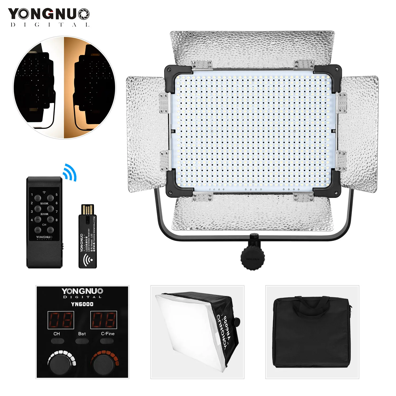 YONGNUO YN6000 Профессиональный 600 светодиодный видео свет 3200K-5500K фотография беспроводной трансивер дистанционное управление для студийного инт...
YONGNUO YN6000 Профессиональный 600 светодиодный видео свет 3200K-5500K фотография беспроводной трансивер дистанционное управление для студийного инт...
