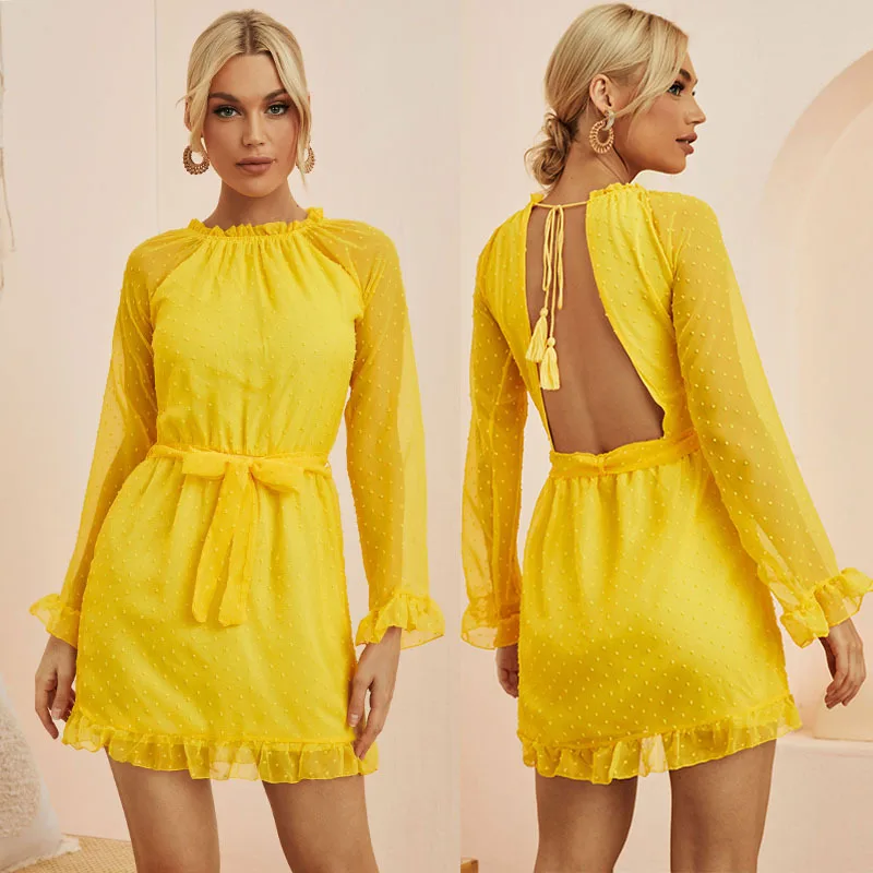Bright Yellow Dress Chiffon Jacquard Double Layer Fabric Dress Ruffle Hem Sexy Waist Open Back Ruffle Cuffs Mini Skirt 2022
Bright Yellow Dress Chiffon Jacquard Double Layer Fabric Dress Ruffle Hem Sexy Waist Open Back Ruffle Cuffs Mini Skirt 2022