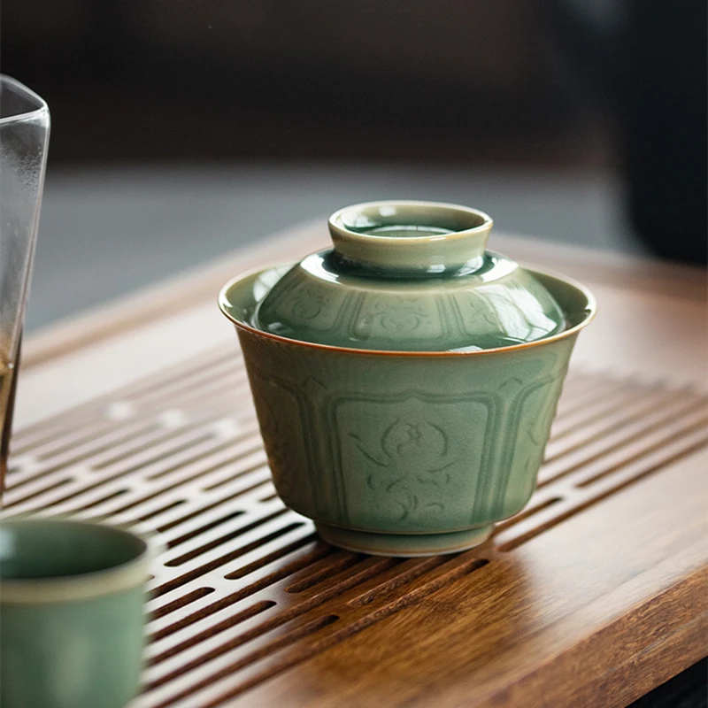 

Celadon ручная резная Gaiwan для чайной керамики, чайная посуда с крышкой, набор для чайной церемонии кунг-фу, кофейные чашки, чайные чаши, чаван