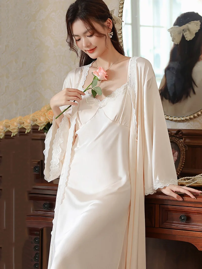 Women Spring Long Sleeve Robe Night Dress Pajamas Two Piece Sets Silk Vintage Princess Nightgowns with Chest Pads Sleepwear
Women Spring Long Sleeve Robe Night Dress Pajamas Two Piece Sets Silk Vintage Princess Nightgowns with Chest Pads Sleepwear