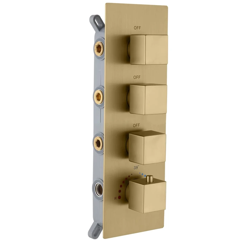 

Popular 3 Ways Brushed Gold Brass square Concealed Thermostatic Shower Diverter Mixer Valve Trim Can Use At The Same Time