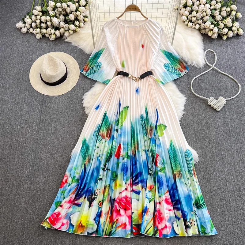 Summer Women Mid-Length Fashion Floral Printed Pleated Dress With Belt Elegant Round Neck Half Sleeve Ladies Dresses Vestidos
Summer Women Mid-Length Fashion Floral Printed Pleated Dress With Belt Elegant Round Neck Half Sleeve Ladies Dresses Vestidos
