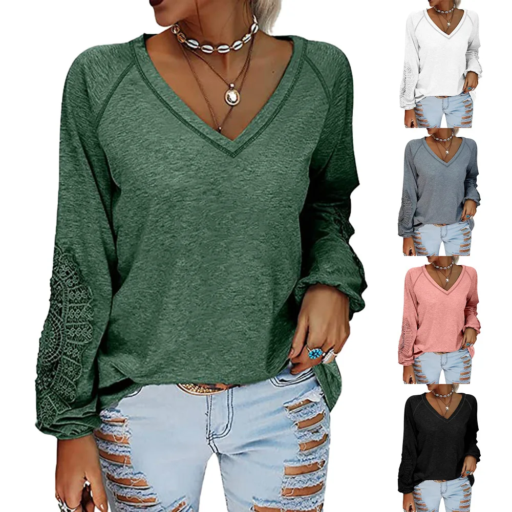 2021 Autumn and Winter Solid Color Hedging V-neck Stitching Lace Lantern Sleeve Embroidered Loose T-shirt Top
2021 Autumn and Winter Solid Color Hedging V-neck Stitching Lace Lantern Sleeve Embroidered Loose T-shirt Top