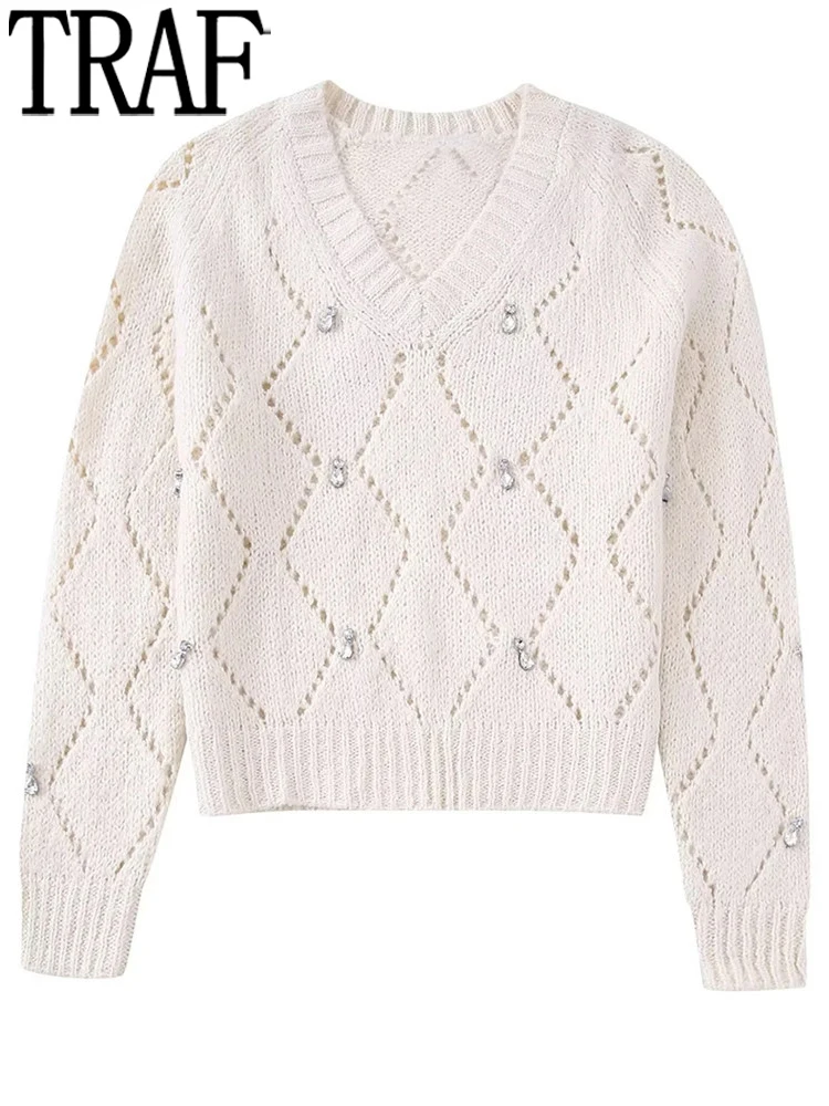 Женский укороченный свитер в рубчик, с длинным рукавом и V-образным вырезом 
Женский укороченный свитер в рубчик, с длинным рукавом и V-образным вырезом