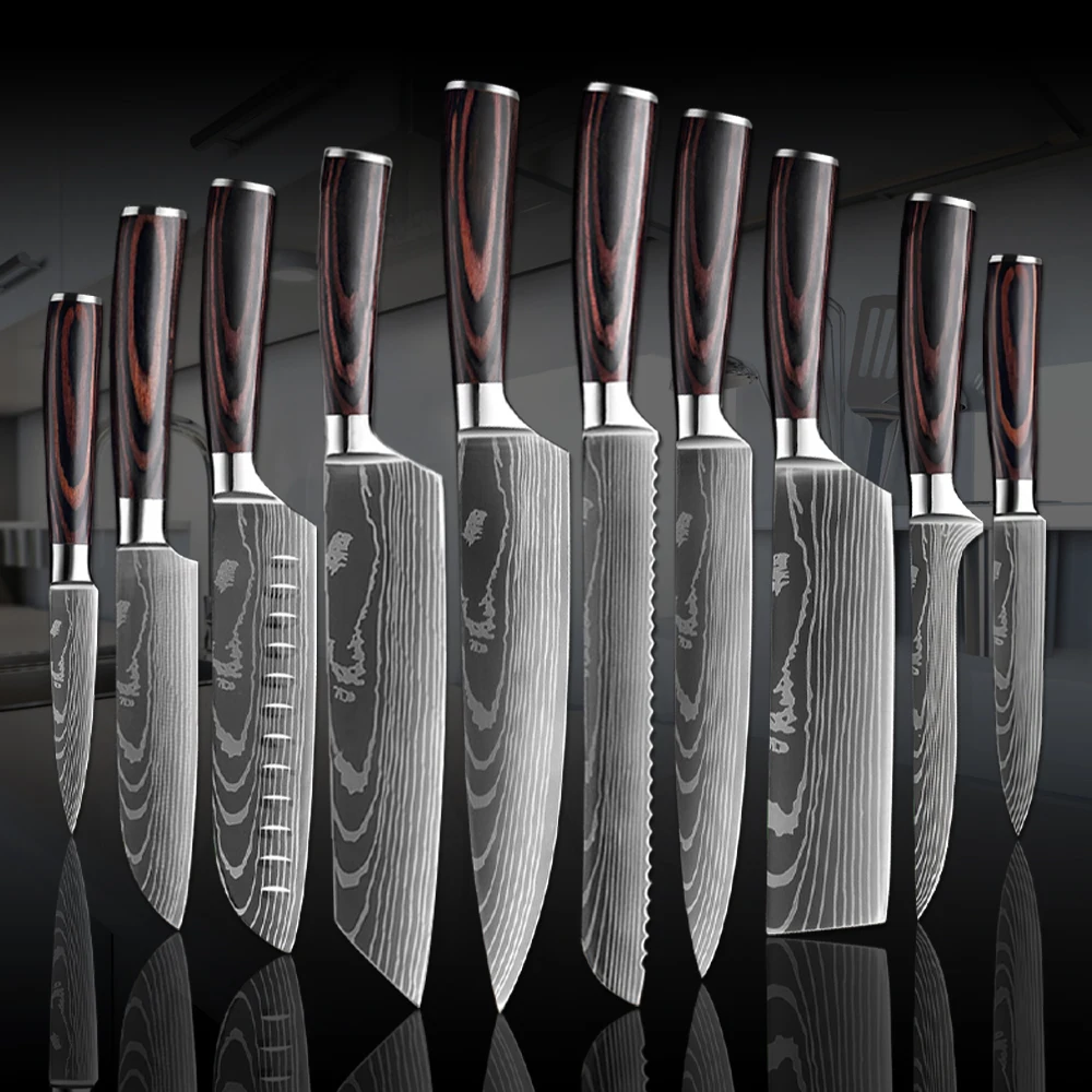 

Kitchen knives Set Professional 1-10PCS Chef Knives 7CR17 Laser Damascus Pattern Japanese Santoku Cleaver Slicing Utility Knife
